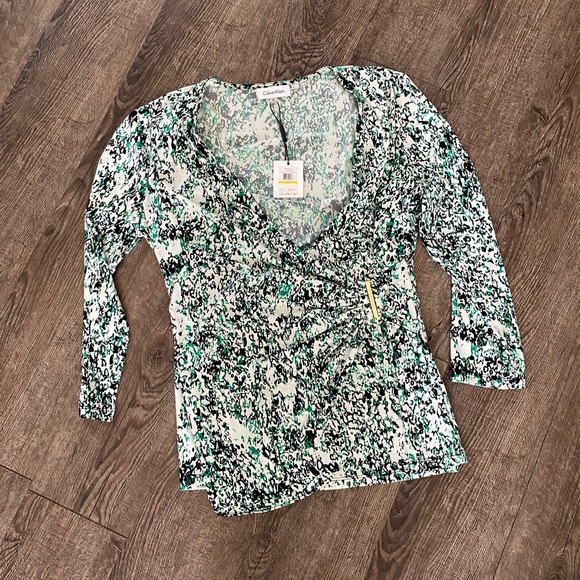NWT Black/Green/White Calvin Klein Wrap Blouse - Picture 1 of 7